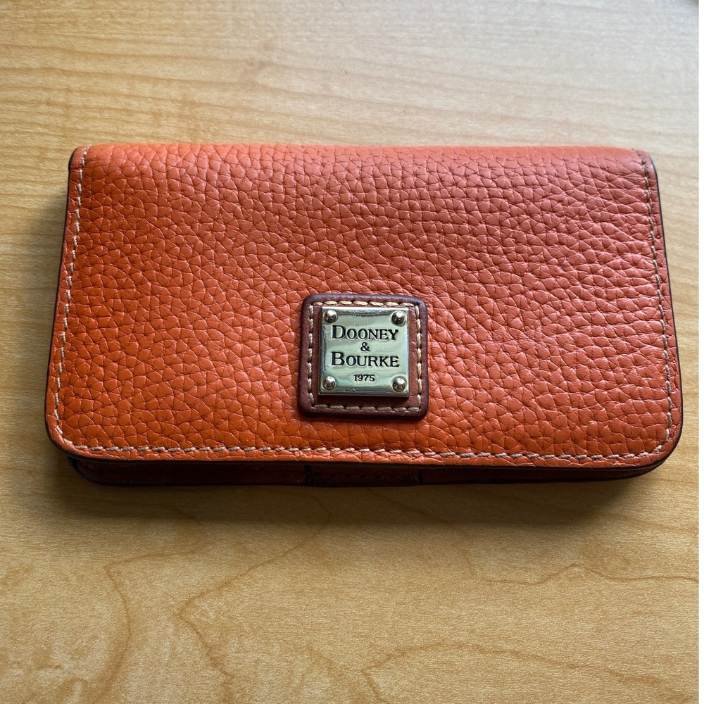 Dooney & Bourke Pebble Grain Leather Bifold Tech Wallet Orange Snap Card Case